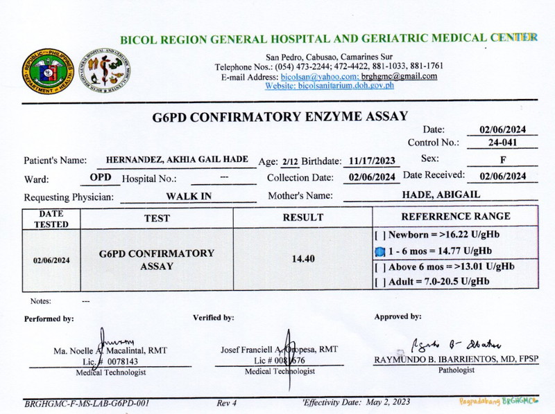 G6pd confirmatory test result Hello po , im first tym mom. D