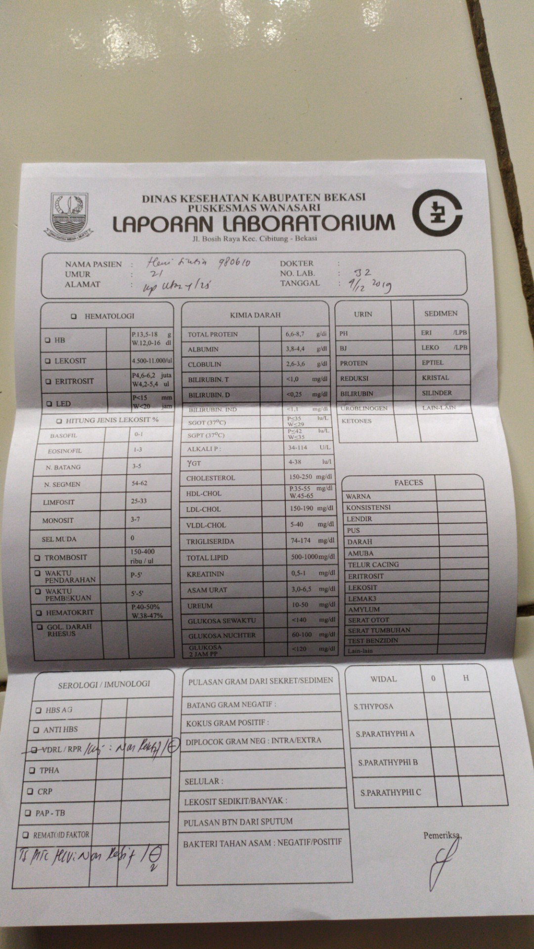 hasil cek lab
