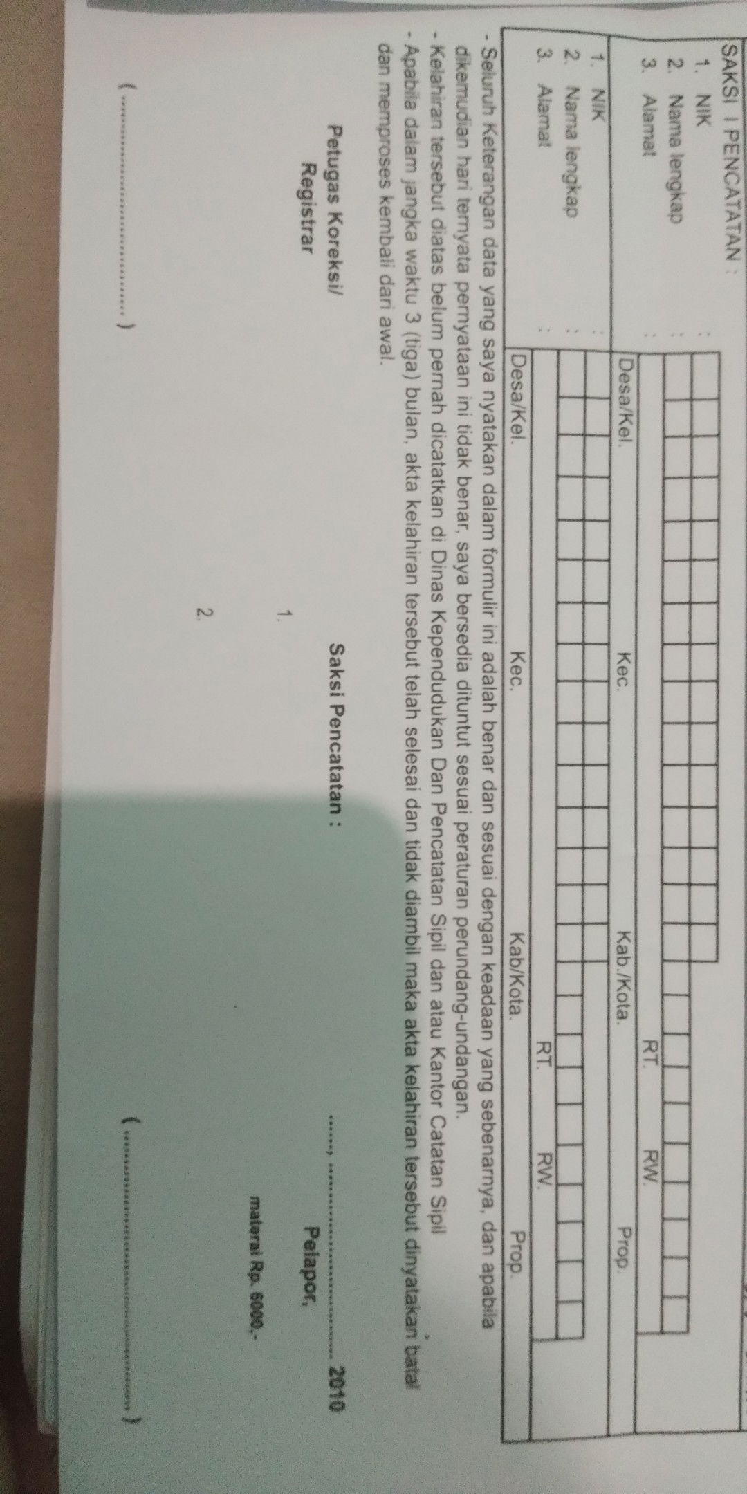 form pengajuan akta lahir