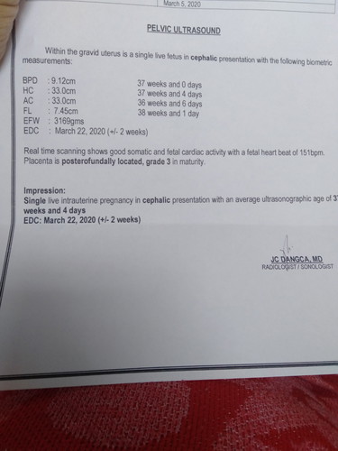 Pelvic Ultrasound Report at 38 weeks