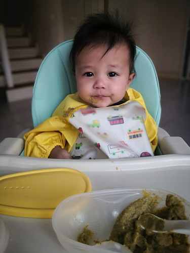 อาการมื้อแรกของฮิวโก้ครับ ข้าว+แครอท+ตำลึง+หมูสับ+งาดำ+นมแม่ หม่ำไปหลายคำเลยครับ
