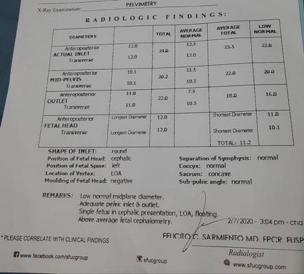 XRAY/PELVIMETRY REPORT