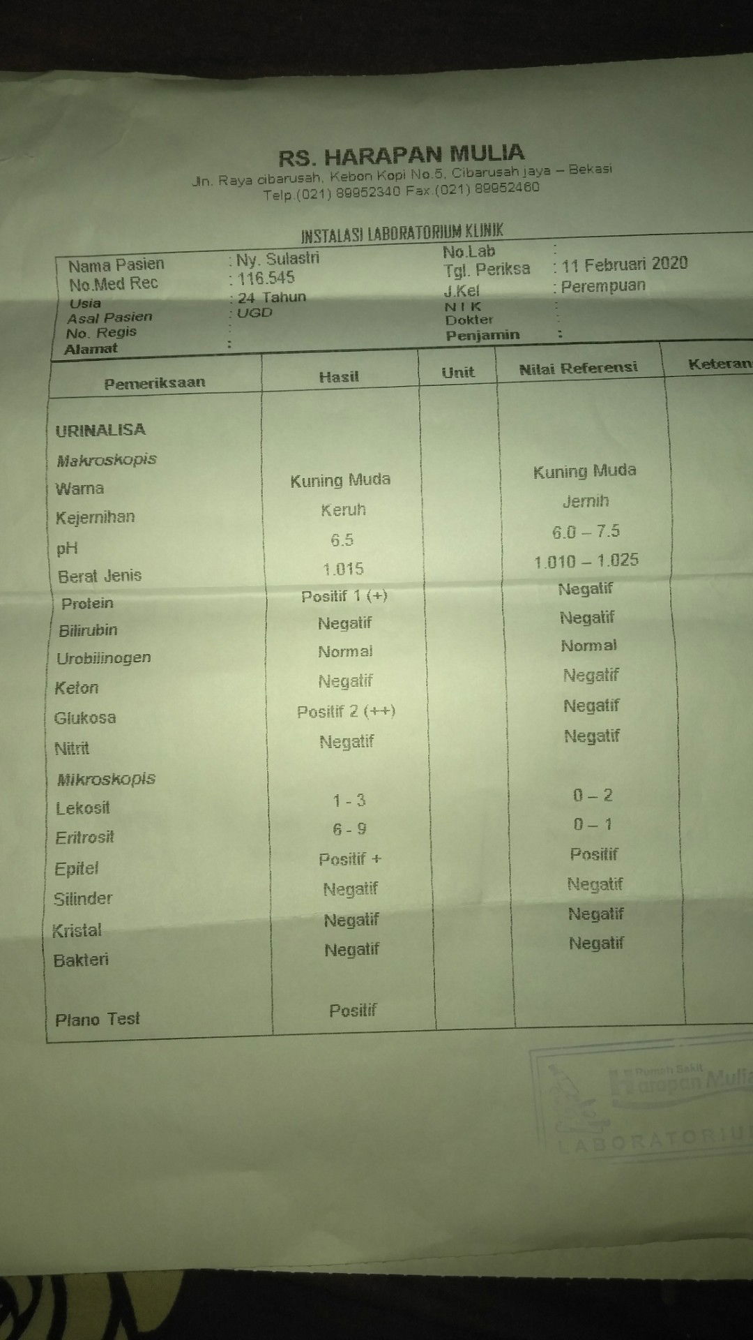 hasil tes urine dan darah
