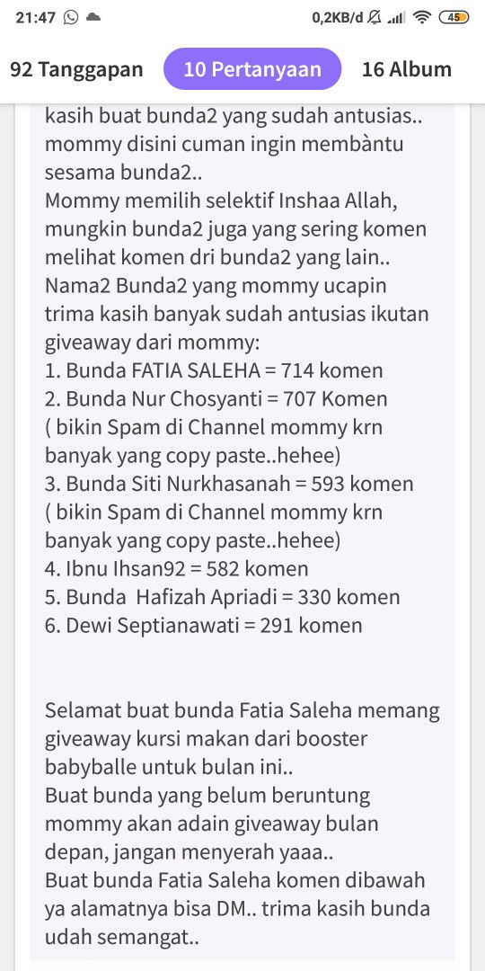 Hadiah giveaway dari mommy locan channel