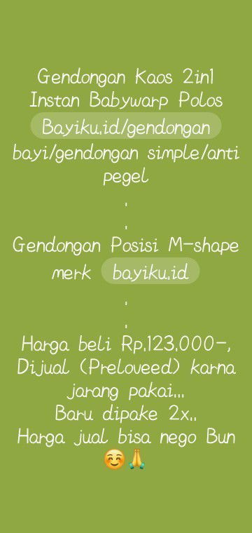 Dijual Gendongan M-shape babywarp bayiku.id ORI (preloved) baru dipakai 2x 
Harga beli Rp.123.000-,