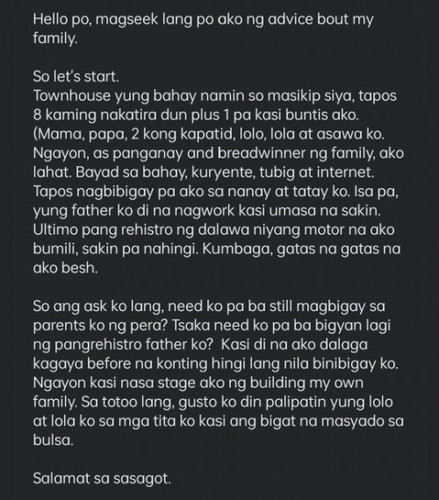 Dapat pa bang magsupport sa magulang if may sarili nang pamilya ang anak? See the photo po.