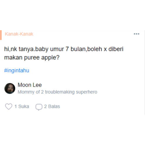 hi,nk tanya.baby umur 7 bulan,boleh x diberi makan puree apple?