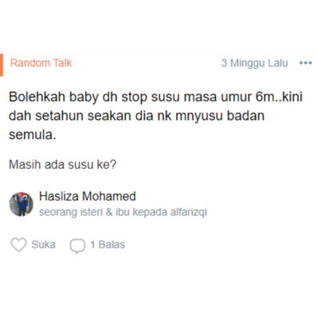 Bolehkah baby dh stop susu masa umur 6m..kini dah setahun seakan dia nk mnyusu badan semula.