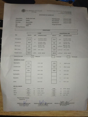 Hematology results 8 months old baby