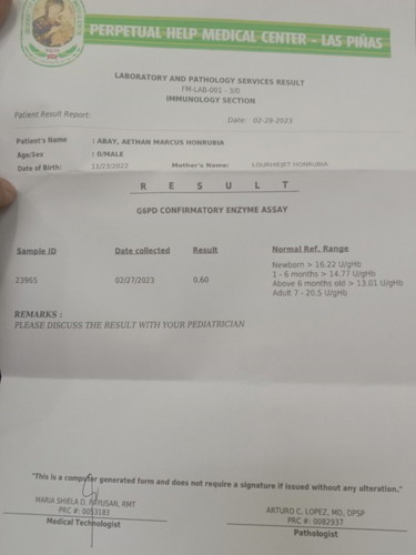 G6pd BABY 2nd opinion results