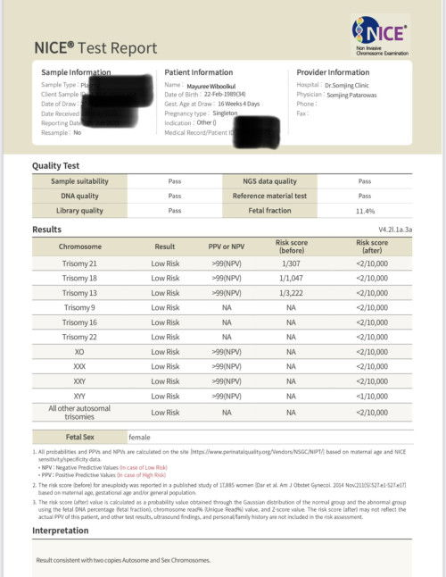 ผลตรวจ nifty แบบนี้แม่คลายกังวลเกี่ยวกับภาวะดาวน์ ได้ไหมค่ะ