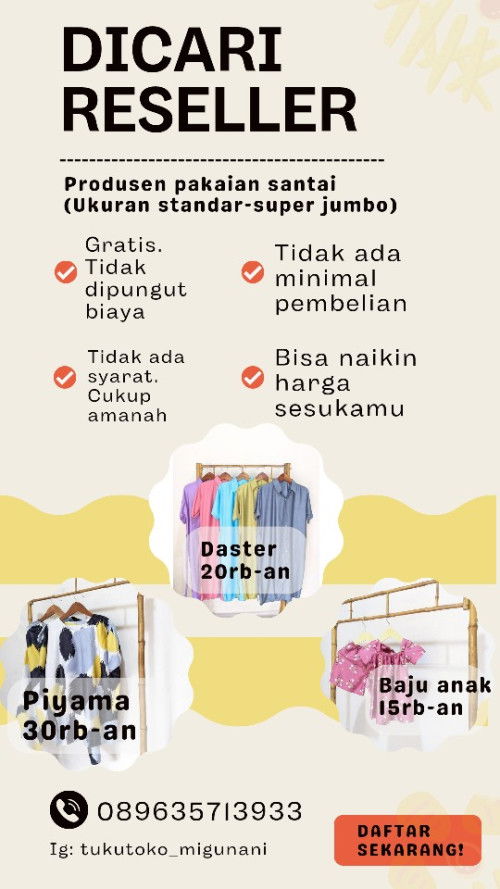 Yang mau jadi reseller pakaian anak, daster ibu2, one set, celana dll