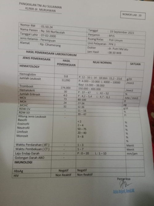 Hemoglobin dan hasil yang lainya rendah