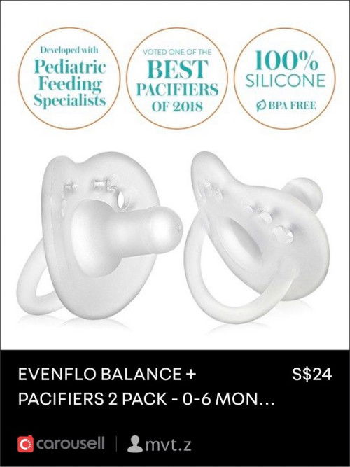 EVENFLO BALANCE + PACIFIERS 2 PACK - 0-6 MONTHS, CYLINDRICAL - BRAND NEW & UNUSED