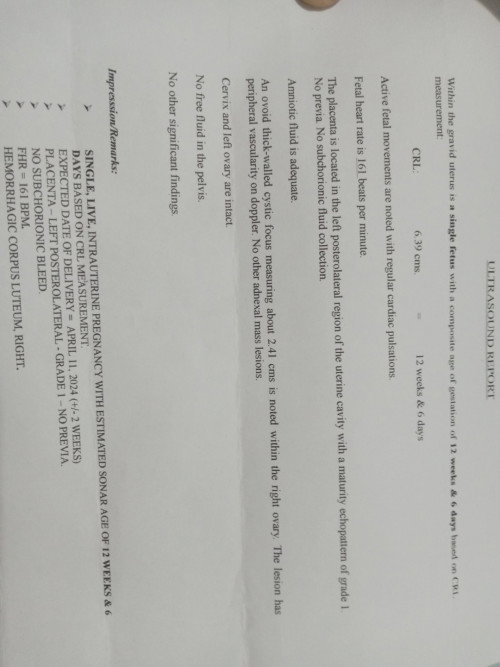 Ano Po Yung cystic focus, hemorrhagic  corpus luteum right   and echo pattern grade 1 ?