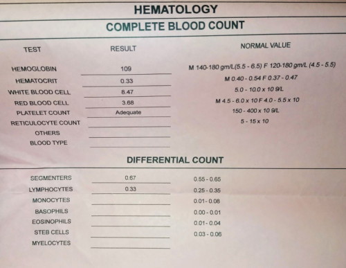 Hematology complete blood count results