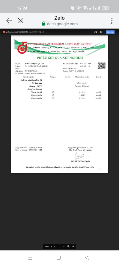 Kết quả XN tiểu đường thai kỳ