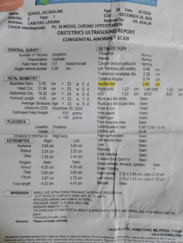 0.66 cm ang nuchal fold. Sino dto may thickened nucal fold pero normal nmn si baby?