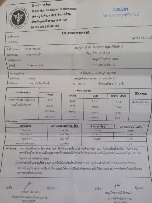 ผลตรวจดาวน์ซินโดรมดูยังไงหรอค่ะแบบนี้เสี่ยงสูงรึเสี่ยงต่ำค่ะ