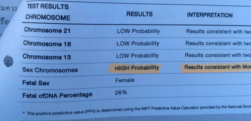 ผลตรวจ nipt มีความเสี่ยงสูง โครโมโซมเพศ เป็น XO ค่าPPV 41%