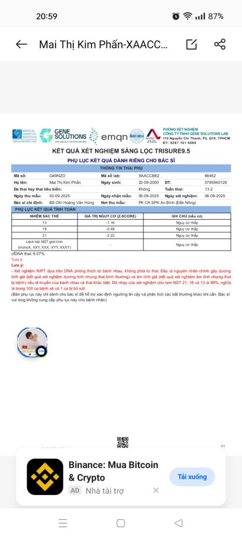Kết quả xét nghiệm nipt
