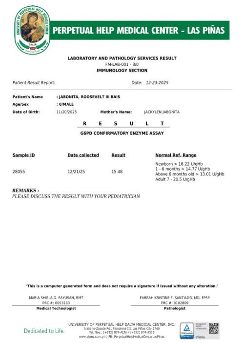 G6PD CONFIRMATORY TEST RESULT