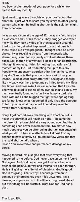 I’ve read an article. A rape victim who undergone abortion