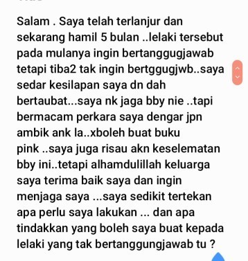 Salam ..bantu saya mmberi cadangan terbaik untuk saya dan bby .. saya mengakui kesilapan saya.