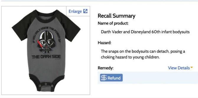 Darth Vader baby onesie recalled by Walt Disney Water Parks and Resorts