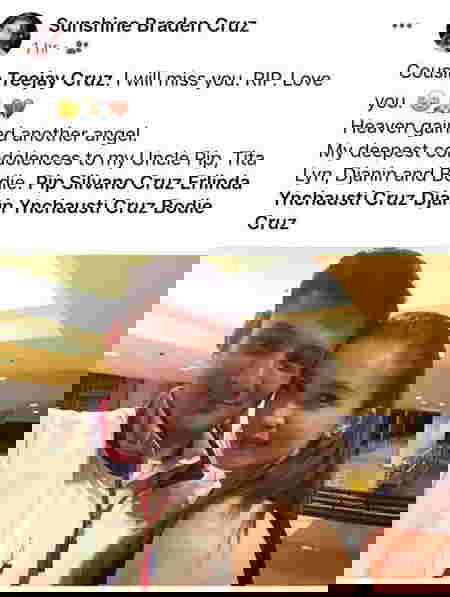 Sunshine Cruz facebook post about her cousin Teejay Cruz death. 