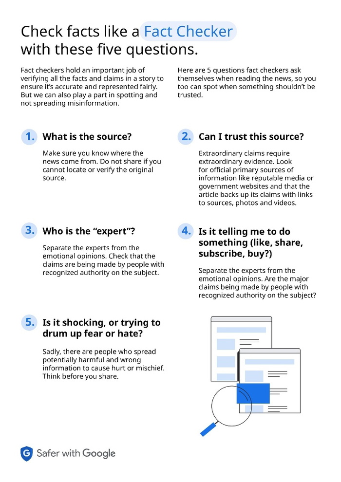 Google: Top tips to check whether information on the web is true.