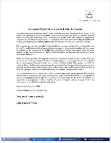 Colegio San Agustin states no bullying of Yasmien Kurdis daughter