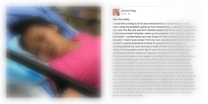 Shocking escalator accident in Singapore mall! Maid seriously injured!