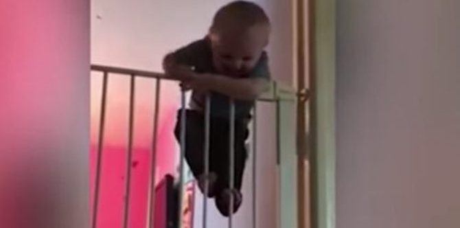 Incredible! Super baby climbs over gate twice his size