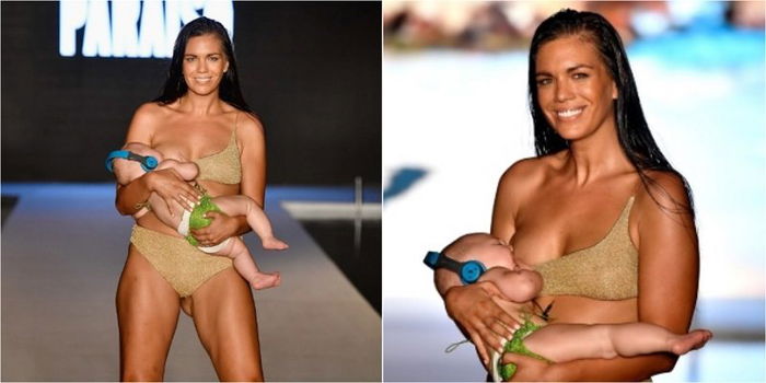 Swimwear model strides down runway breastfeeding her baby