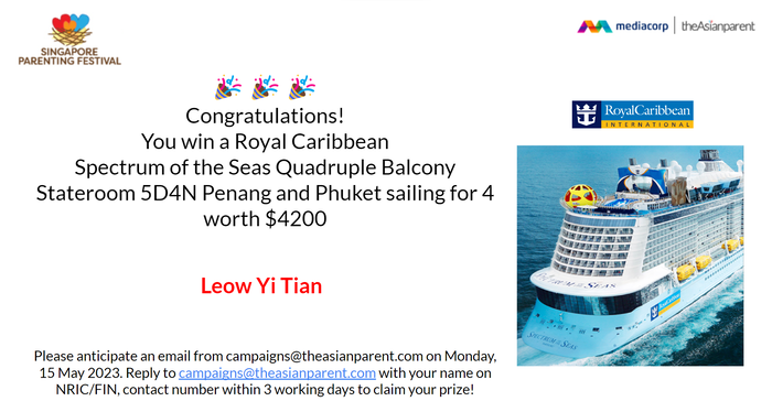 Winner of Royal Caribbean – Spectrum of the Seas 5D4N sailing worth $4200