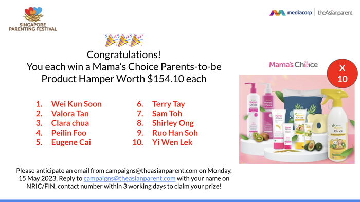 Winners of Mama’s Choice Parents-to-be Product Hampers worth up to $154.10