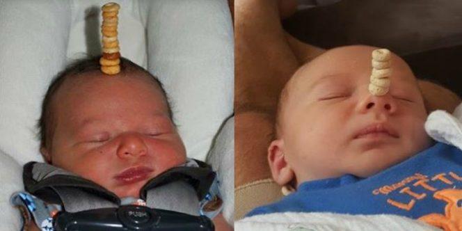 Foto-foto Lucu Banget, Bayi Tidur Diisengi Ayahnya untuk Cheerios Challenge