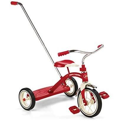 Classic Red Tricycle with Push Handle, dilengkapi dengan tongkat pengendali