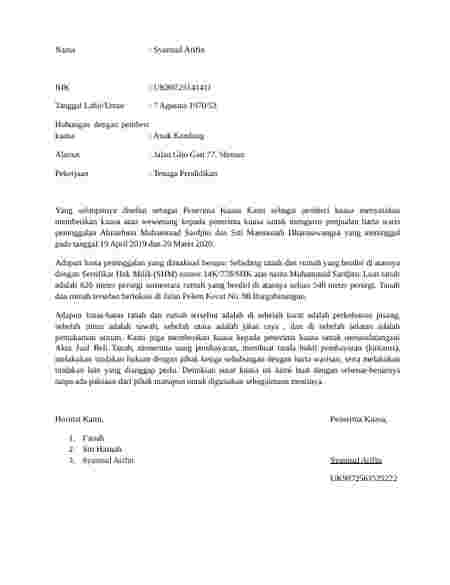 Contoh surat kuasa untuk ahli waris