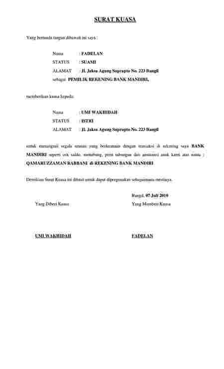 Contoh surat kuasa untuk keperluan perantara