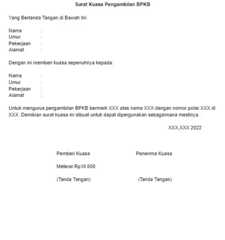 Contoh surat kuasa pengambilan BPKB