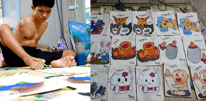 หนุ่มน้อยไร้แขน วัย 17 ปี สู้ชีวิต วาดภาพถุงผ้าขายช่วยครอบครัว