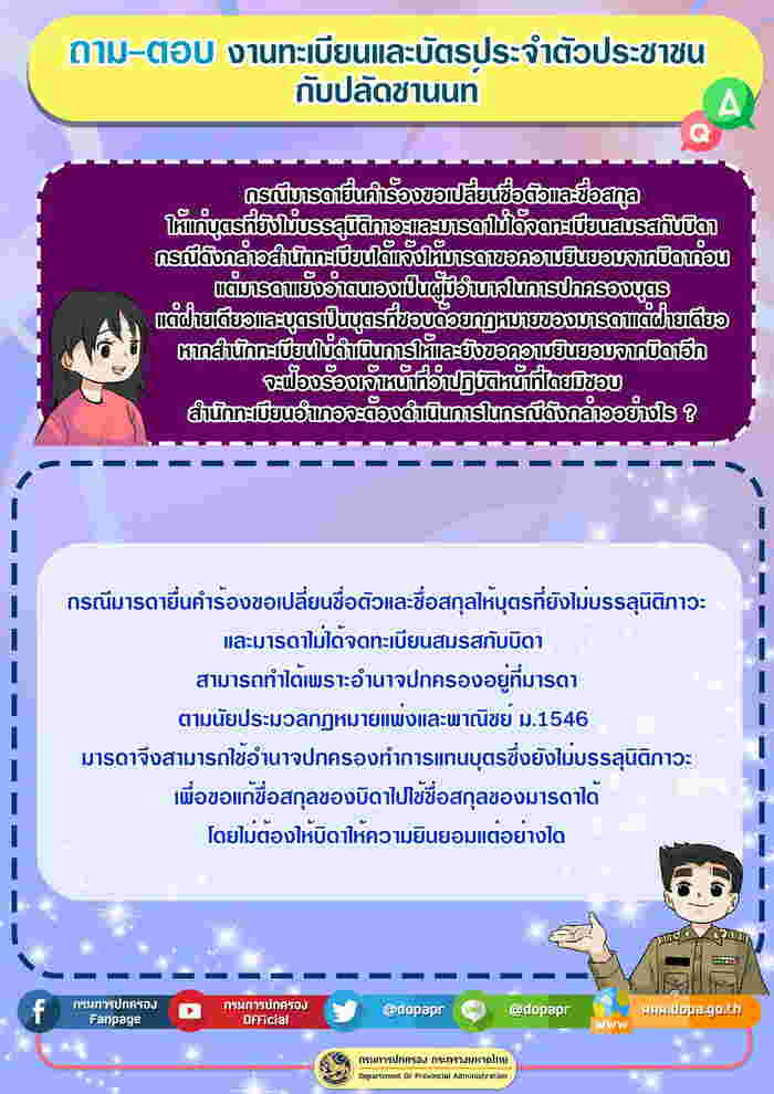 ไม่จดทะเบียนสมรส แม่ เปลี่ยนนามสกุลลูก ได้เอง โดยไม่ต้องให้พ่อเด็กเซ็นยินยอม