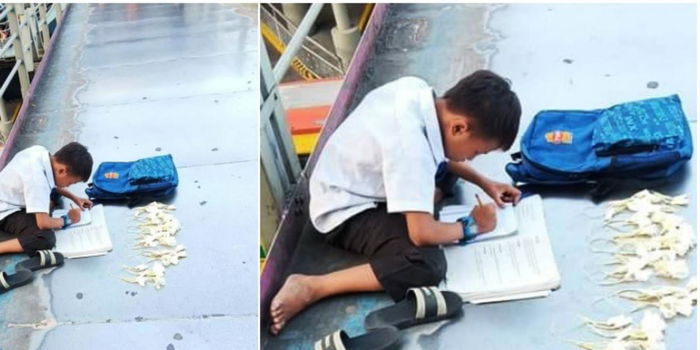 Budak Miskin Gigih Siapkan Kerja Sekolah, Sambil Jual Kuntuman Bunga Di Atas Jejantas