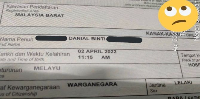 Daftar Nama Anak Lelaki Di JPN, Lelaki Terkejut Tengok Ada 'Binti' Pada Sijil Lahir