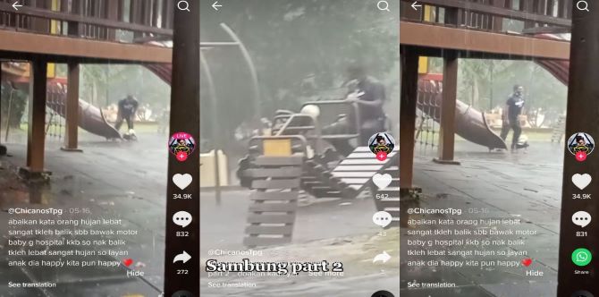 Hujan Lebat Tak Boleh Redah Dengan Motor, Bapa Layankan Anak Main Hujan Di Taman